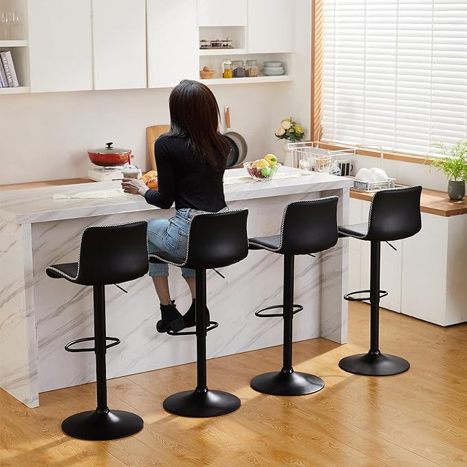 HeuGah Bar Stools Set of 6, Swivel Counter Height Barstools with Back, Adjustable Height 24" to 32", Black Faux Leather Bar Chairs for Kitchen Island (Black, Set of 6 (24'' to 32''))