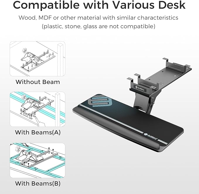 EUREKA ERGONOMIC Keyboard Tray Height Adjustable, Swivel Tilt Computer Keyboard Drawer Under Desk, 25x9.13'' Sliding Keyboard & Mouse Platform with Mouse Pad for Typing, Black