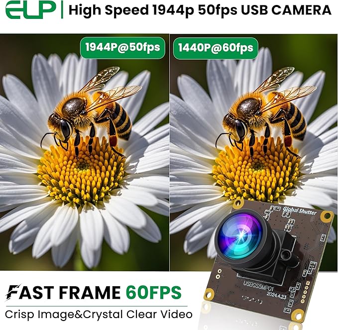 ELP 5MP Global Shutter 50fps USB Camera - Wide Angle Webcam for Live Streaming (100 No Distortion Lens)