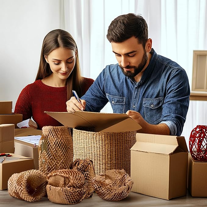 Honeycomb Packing Paper 15" Width X 400 FT for Moving Glass Dishes Recyclable Wrapping Paper Bubble Wrap Packing Material for Shipping Fragile Items Shipping Filler with 20 Fragile Stickers