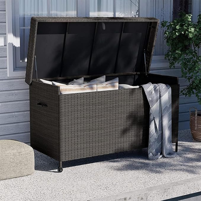 Grand patio 170 Gallon Deck Storage Box Deck Box Outdoor Storage Box Indoor Wicker Storage Bin Patio Storage Box for Patio Furniture Cushions Garden Tools Pool Accessories, Black