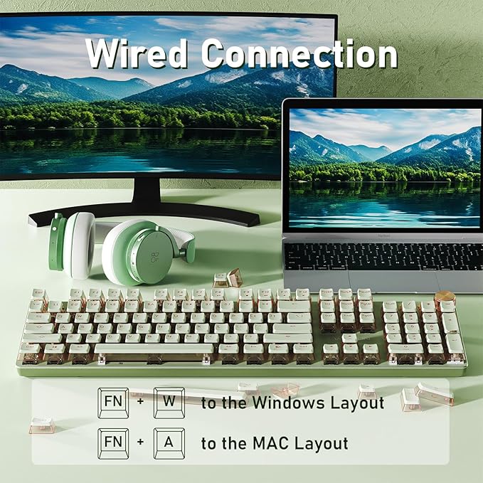 EWEADN V20 Wired Mechanical Keyboard, 104 Keys Backlit LED Keyboards, Media Control Knob, Wired Computer Keyboard Pink Switch for Windows/Mac/PC-Matcha Green