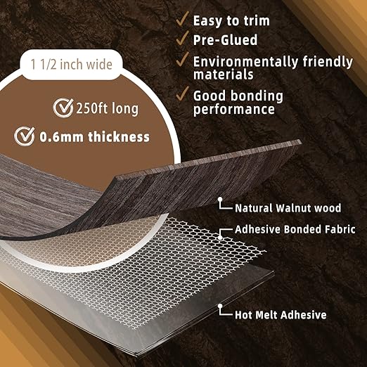 GSCIT Club Walnut Edge Banding, 1 1/2 inch x 250ft roll of Veneer Plywood Edge Banding Preglued Flexible, Wood Tape Banding for Cabinet Repair