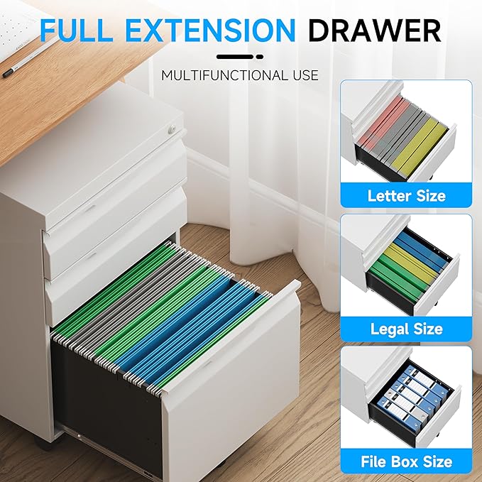 Bestoo 3 Drawer Mobile File Cabinet, Metal Filing Cabinets with Lock Wheels Under Desk, Lockable Rolling File Cabinet for Home Office, Fit Letter/Legal/A4 Size (White)