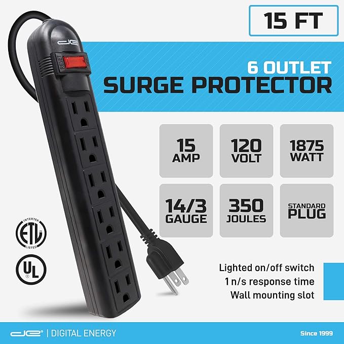 Digital Energy 6-Outlet Surge Protector Power Strip with 15-Ft Long Extension Cord, Black, ETL Listed/UL Standard