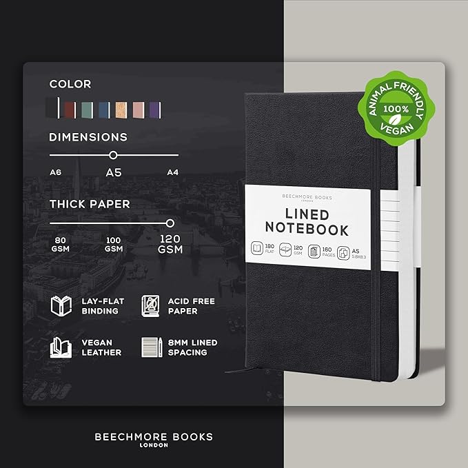 BEECHMORE BOOKS Lined Journal Notebook, 5.8 x 8.3 inch, A5 160 Lined Pages, Hardcover Leather Journals for Women, Men, Writing and Notebooks for Work - 120 GSM Thick Paper, Gifts Box Included