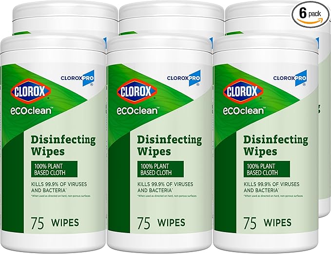 CloroxPro Clorox EcoClean Disinfecting Wipes, Multipurpose 100% Plant Based Cleaning Cloths, Antibacterial Disinfectant, Safe for Multi Surface Use, 75 Count (Pack of 6)
