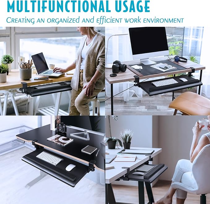 EHO Large Ergonomic C-Clamp Keyboard Tray Mount Under Desk with Wrist Rest, Slide-Out Platform 27.5" (31.8" Including Clamps) x 12.5", Pull Out Keyboard & Mouse Tray for Home or Office, Black