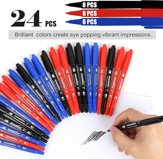 cloudriver Ultra Fine Permanent Markers, 24 Count Twin Tip Permanent Marker Set, 3 Assorted Colors, Ultra Fine Piont And Fine Piont Permanent Marker for Signature And Marking