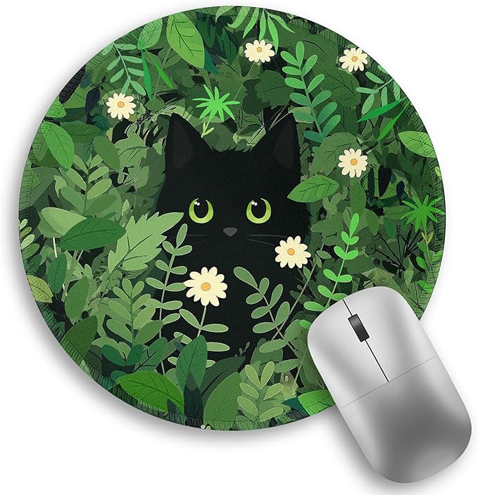 Black Cat Floral Mouse Pad, Small Round Mouse Pads for Desk, Cute Mini Travel Mousepad for Wireless Computer Laptop, Office Desk Accessories, 8.6 x 8.6 inch