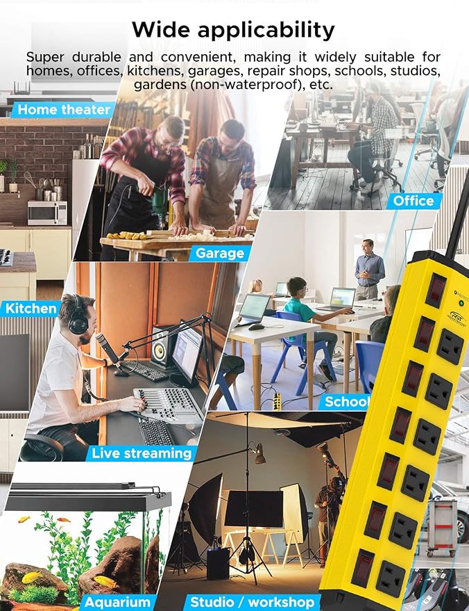 CRST 6-Outlet Heavy Duty Metal Power Strip with Individual Switches, 15AMP/1875W Surge Protector Power Strip(1200 Joules) for Home Garage Office Kitchen School, 6FT 14AWG Cord (Yellow)