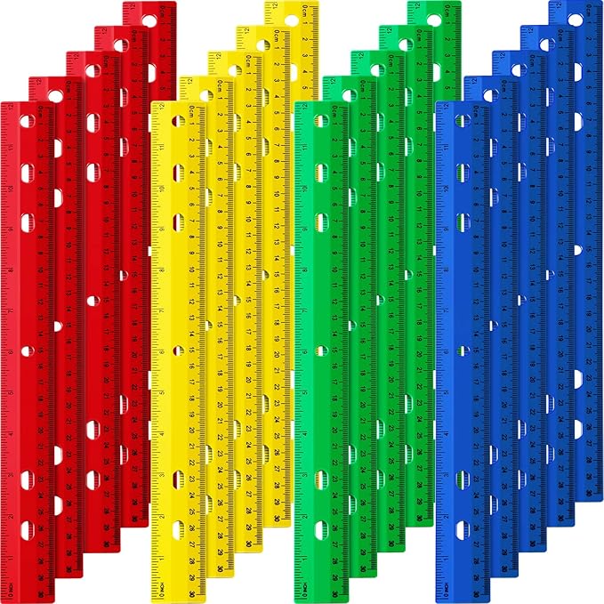 Chuangdi 20 Pieces 12 Inch Rulers Bulk Plastic Colorful Rulers for Kids Student Classroom School Office(6 Hole,Solid Color)