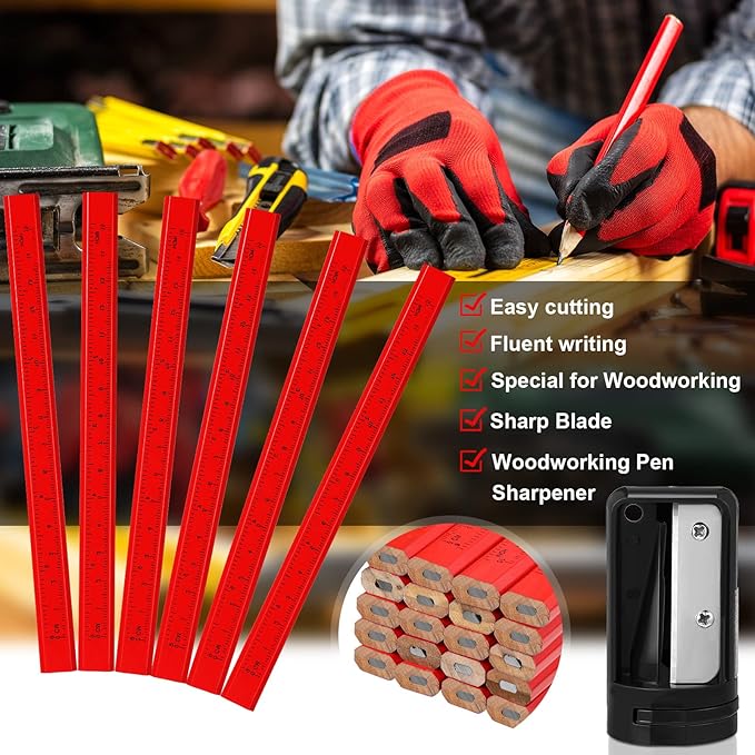Honoson 200 Pcs Flat Construction Pencils with Printed Ruler Wood Graphite 2 Pcs Carpenter Pencil Sharpener for Woodworking Marking Tool(Red)