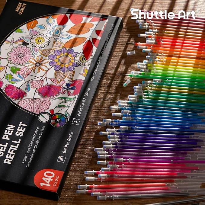 Gel Pen Refills, Shuttle Art 140 Colors (No Duplicates) Gel Pen Refills, 7 Color Types for Kids Adults Coloring Books Drawing Doodling Crafts Scrapbooking Journaling