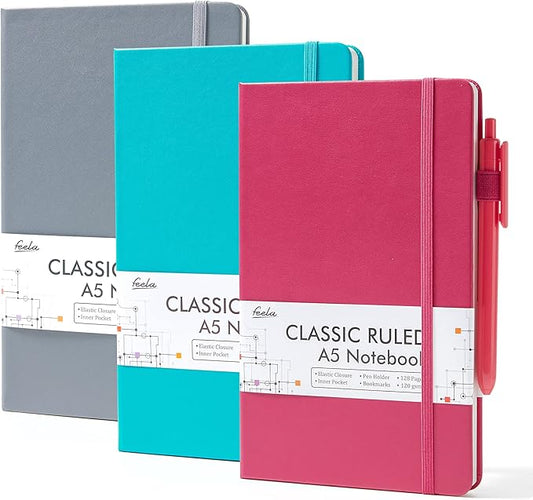 feela Hardcover Notebook For Work, Classic Ruled Lined Journal Set School Business Supplies, with 3 Black Pens, 120 GSM, 5.1”x8.3”, 3 Pack, A5, Solid Colors, Gray, Berry, Emerald