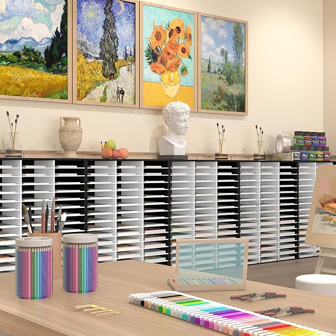 EasyPAG Mail Organizer Countertop, Wood Literature Organizer with Adjustable Shelves, Student Classroom Mailbox for School, Desktop Paper Sorter for Office Home, 48 Compartments, Black/White