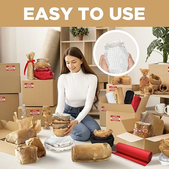 Honeycomb Packing Paper, 12"x150' White | Perforated Honeycomb Packing Paper Recyclable Moving Supplies for Shipping & Moving | Plastic-Free Alternative to Bubble Cushion Wrap with 36 Fragile Stickers