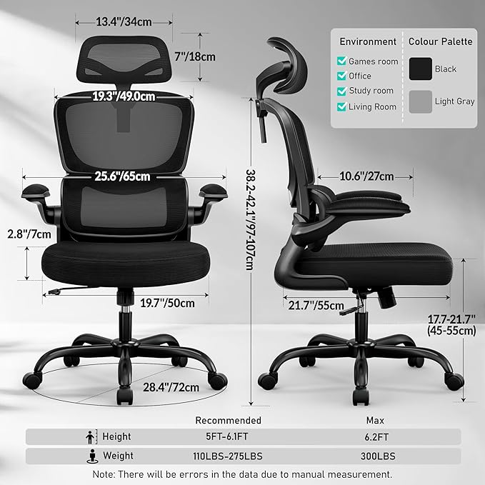 High Back Ergonomic Office Chair, Breathable Mesh Desk Chair with Lumbar Support, Adjustable Headrest, Flip-up Armrests, Computer Gaming Chair