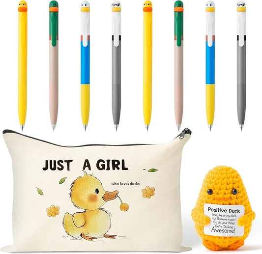 Ducks Gel Ink Pens - 10Pcs Happy Knitted Duck Stress Relief Stationery Set Little Yellow Duck Accessories Lovely Retractable Gel Pens Zipper Organizer Pen Pouch Kids' Birthday Party Favor Gift