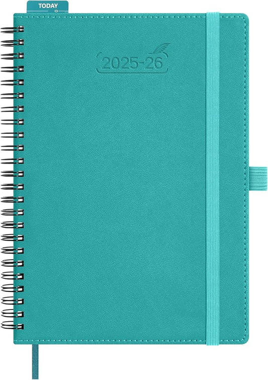 BEZEND Planner 2025-2026 Weekly and Monthly, 5.8" x 8.5" Academic Calendar (Jul 25-Dec 26) Vertical Daily Appointment with Hourly Timeslot & Monthly Tab, Spiral, PU Leather Softcover - Turquoise