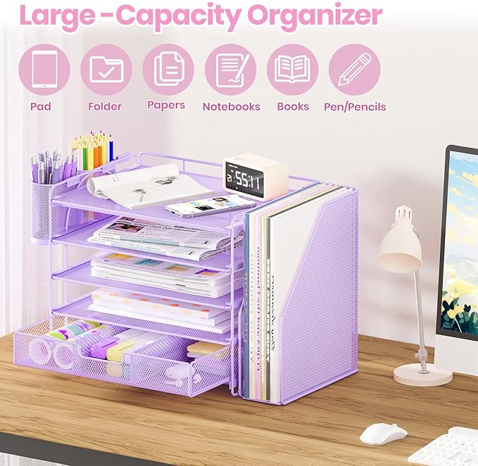 Desk Organizers and Accessories, 5-Tier Paper File Organizer with Drawer & Pen Holder, Office Desk Accessories Workspace Desktop Organizer for Office Supplies((Purple)