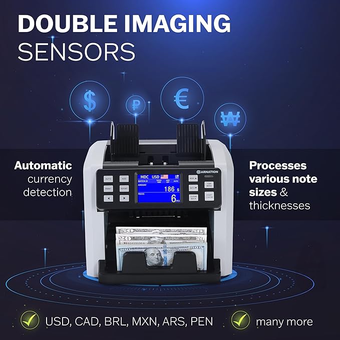 Carnation CR6 Mixed Denomination Money Counter Machine - Money Counter with UV/MG/IR Counterfeit Detection - 3 Speeds from 800~1000~1200N/M and Supported Currency USD/CAD/BRL/MXN/ARS/Pen/CLP/DOP/VES