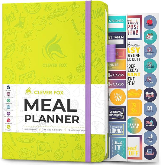 Clever Fox Weekly Meal Planner - Weekly & Daily Meal Prep Journal with Shopping and Grocery Lists for Menu Planning, Healthy Diet & Weight Loss Tracking, Lasts 1 Year, Undated, A5 - Neon Yellow