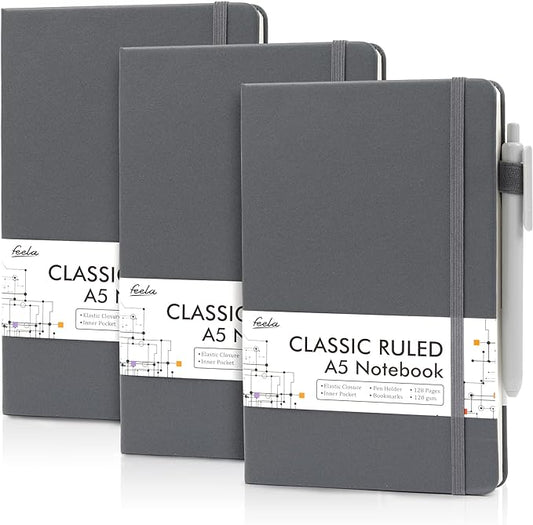 feela 3 Pack Notebooks Journals Bulk with 3 Black Pens, A5 Hardcover Notebook Classic Ruled Lined Journal Set with Pen Holder for Work Business Journaling Note Taking, 120 GSM, 5.1”x8.3”, Gray