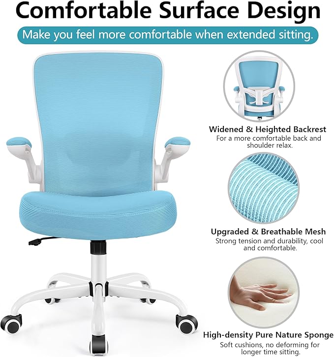 FelixKing Office Chair, Ergonomic Desk Chair Breathable Mesh Chairs with Adjustable High Back Lumbar Support Flip-up Armrests, Executive Swivel Comfy Task Computer Chairs for Home Office Blue