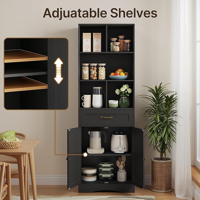 Gizoon 71'' Tall Storage Cabinet, Kitchen Pantry Cabinet with Doors & Drawers, Wooden Storage Organizer for Living Room, Office, Kitchen, with Adjustable Shelves, Anti-tip, Metal Handle, Black
