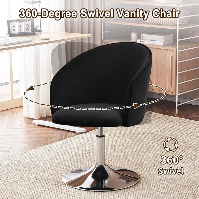 Furnimart Black Velvet Adjustable Height Vanity Chair, Swivel Makeup Chair for Living Room, Bedroom, Dressing Room