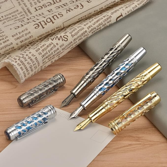 Hongdian A6 Piston Fountain Pen Extra Fine Soft Nib, Jet Black Hollow Skeleton & Resin Pen with Metal Case Set