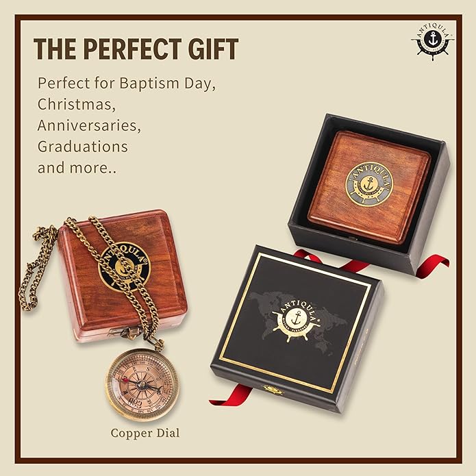 Brass Compass with Wooden Box - Graduation Gifts, Pirate Accessories & Baptism Gift For Boys, Steampunk Travel Decor Compasses For Missionary, Inspirational and Sentimental Compass