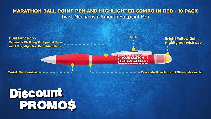 DISCOUNT PROMOS 10 Marathon Gel Highlighter Pens Pack - Customizable Text, Logo - Twist Mechanism, Ballpoint - Red