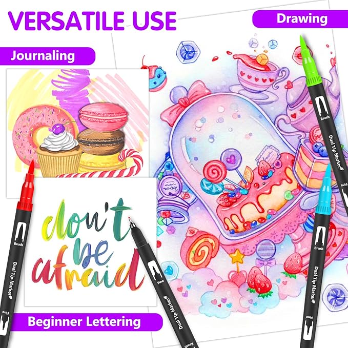 Brush Pens, 105 Colors Dual Tip Markers for Adult Coloring Books, Note Taking and Lettering