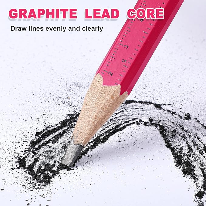 Honoson 200 Pcs Flat Construction Pencils with Printed Ruler Wood Graphite 2 Pcs Carpenter Pencil Sharpener for Woodworking Marking Tool(Pink)