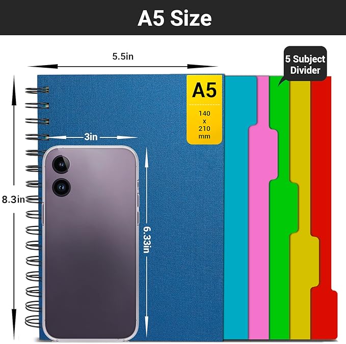 EUSOAR 5 Subject Notebook, 1pcs A5 5.5"x8.3" Spiral College Ruled Writing Pad, 100GSM 120Sheets/ 240Pages of Lined Paper, Thick Hardcover, for Journal Students, Office and Business, Royal Blue