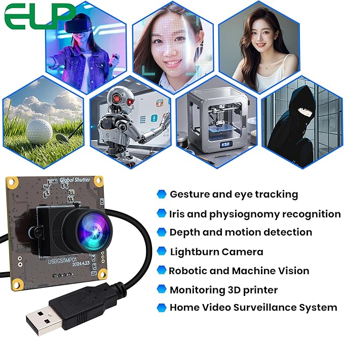 ELP 5MP Global Shutter 50fps USB Camera for Computer UVC USB2.0 Lightburn High Speed 60fps PC Web Camera Wide Angle for Live Streaming (100 Low Distortion Lens)