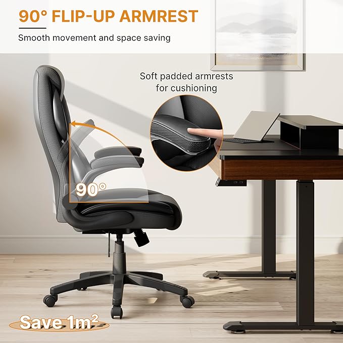 EUREKA ERGONOMIC PU Leather Desk Chair Office Executive Chair, Ergonomic Office Chair Flip Up Arms, High Back Office Chair with Headrest, Home Office Desk Chair with Wheels, Computer Chairs for Adults