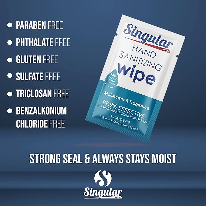 Hand Sanitizing Wipes Travel Size by Singular Wipes – 24ct Individually Wrapped | Fresh Citrus Scent, Moisturizing, 70% Alcohol Wipes | Travel, Office, School, Home | Made in USA