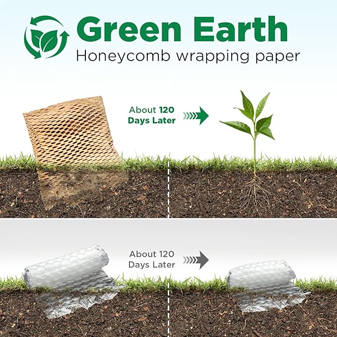 Honeycomb Packing Paper, 12"x100' Brown | Perforated Honeycomb Packing Paper Recyclable Moving Supplies for Shipping & Moving | Plastic-Free Alternative to Bubble Cushion Wrap with 36 Fragile Stickers