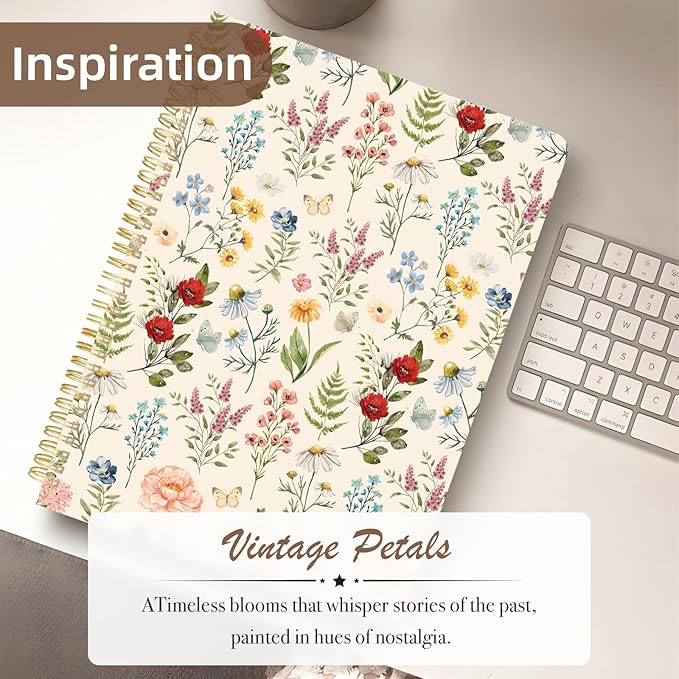 Cute Spiral Notebook journal A4 Aesthetic Pretty Design for Women Girls Kawaii with Pocket, 11.5 x 8.5 inch, Lined, Vintage Flower
