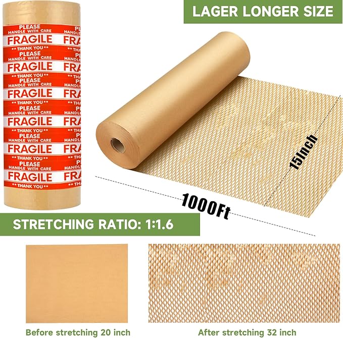 Honeycomb Packing Paper Wrap 15''x12000" (1000 ft), Substitute Alternative for Bubble Cushioning Wrap for Moving Shipping Packaging, Recyclable Moving Supplies with 48 Fragile Sticker Labels