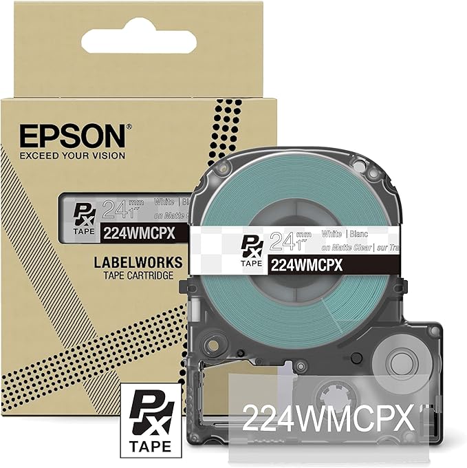 Epson LABELWORKS 224WMCPX Genuine PET (Polyester) Tape Cartridge - White on Matte Clear Designer Craft Label Maker Tape - 1" (24MM) Wide, 26'