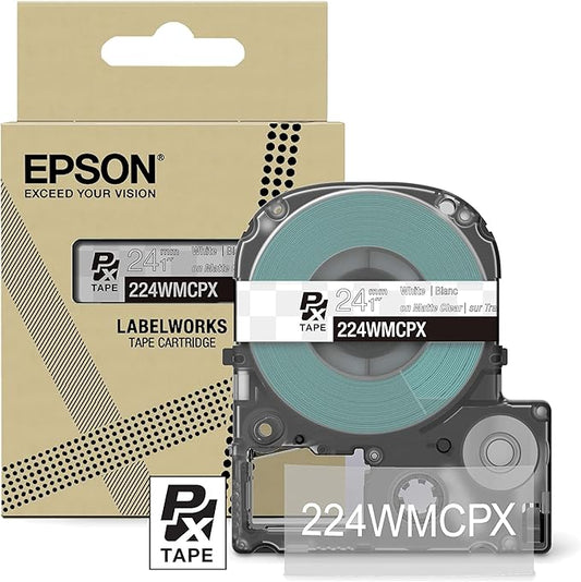 Epson LABELWORKS 224WMCPX Genuine PET (Polyester) Tape Cartridge - White on Matte Clear Designer Craft Label Maker Tape - 1" (24MM) Wide, 26'