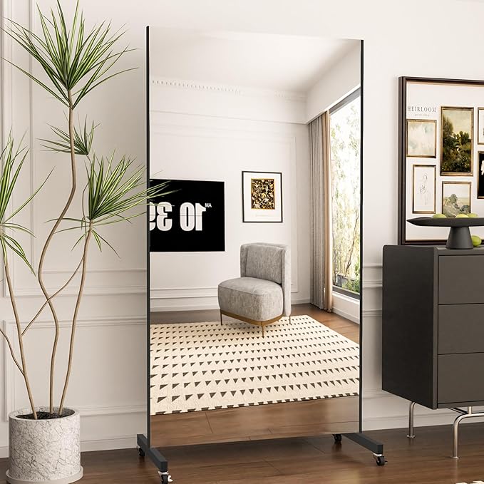 Brisafe Home Gym Mirror 71'' x 40'' - Rolling Safety Mirror for Dance Studio & Yoga, Ultra Clear Nano Material Full-Length, Oversized Shatterproof Floor Mirror With Wheels, 13LBS, Black