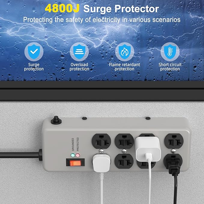 HEZI 20A Power Strip Surge Protector Durable Metal 8-Outlet with Heavy Duty 20 Amp Extension Cord,12 Gauge for Garage,Workshop & Industrial Use with 6-20R T-Slot Outlets,4800J(Grey,10FT)