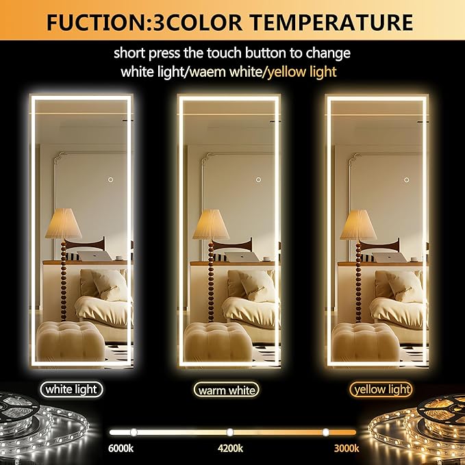 Hasipu Full Length LED Mirror with Lights, 56" x 18" Floor Standing or Wall Hanging Mounted, Full Body Dressing Mirror, Dimmable Tempered Glass, Square White