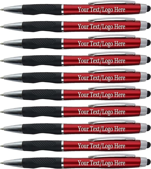Customized Pens With your Custom Logo or Text-300 Pack Bulk-for Businesses, Parties, and Events, 2 in 1 Ballpoint Pen + Capacitive Stylus Compatible with Touchscreen Devices, Red Barrel, Blue Ink