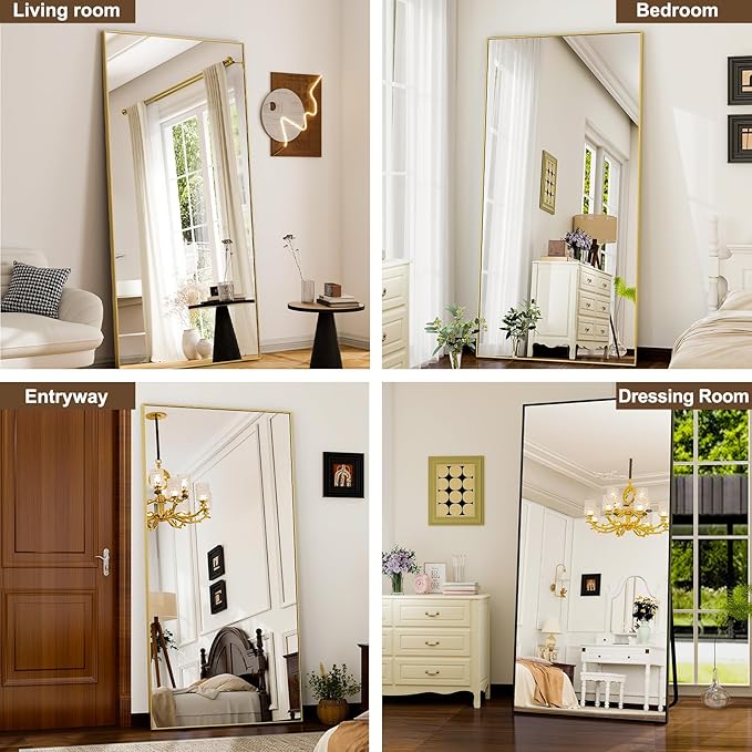 GLSLAND 76"x34" Full Length Mirror Extra Large Hanging or Leaning Rectangle Mirror Aluminum Alloy Thin Frame Bedroom Floor Dressing,Gold